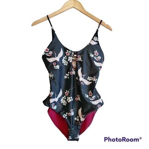 Shein Floral Swan One-piece Swimsuit Sz L